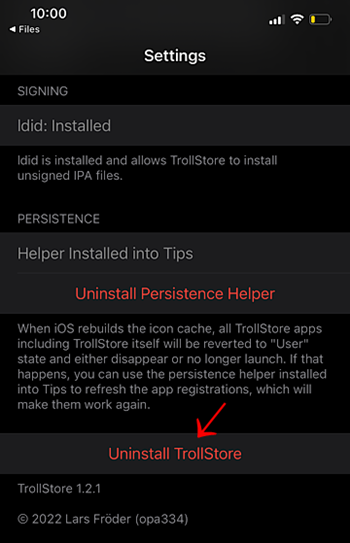 Uninstall TrollStore application